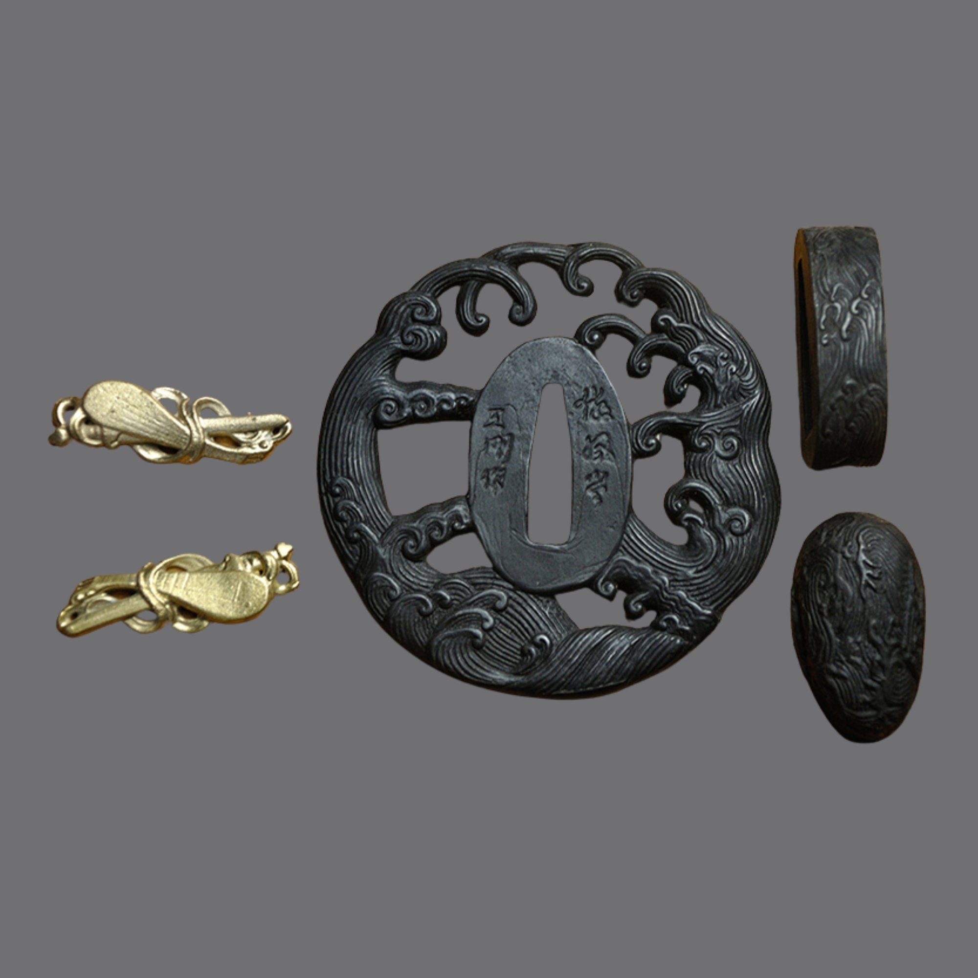 Blackened Steel Tsuba with Wave Theme Cutout Engraving | KatanaSwordArt Tsuba For Sale 2025