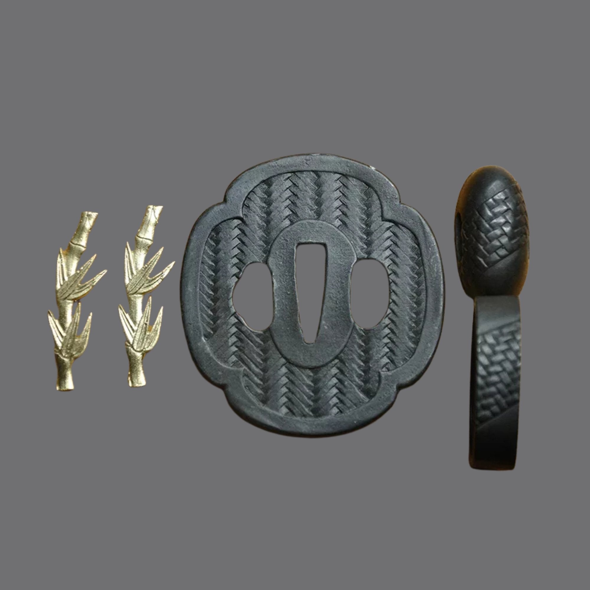 Blackened Steel Tsuba with Woven Texture Engraving | KatanaSwordArt Tsuba For Sale 2025