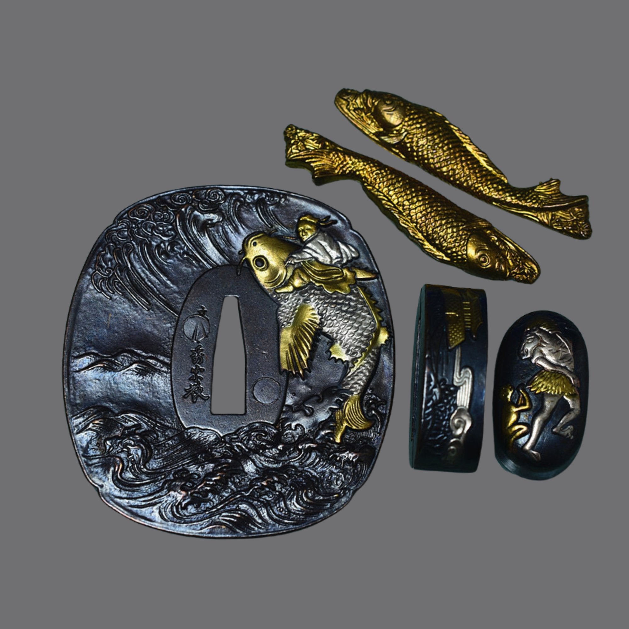 Brass Tsuba with Man Riding Koi Design | KatanaSwordArt Tsuba For Sale 2025