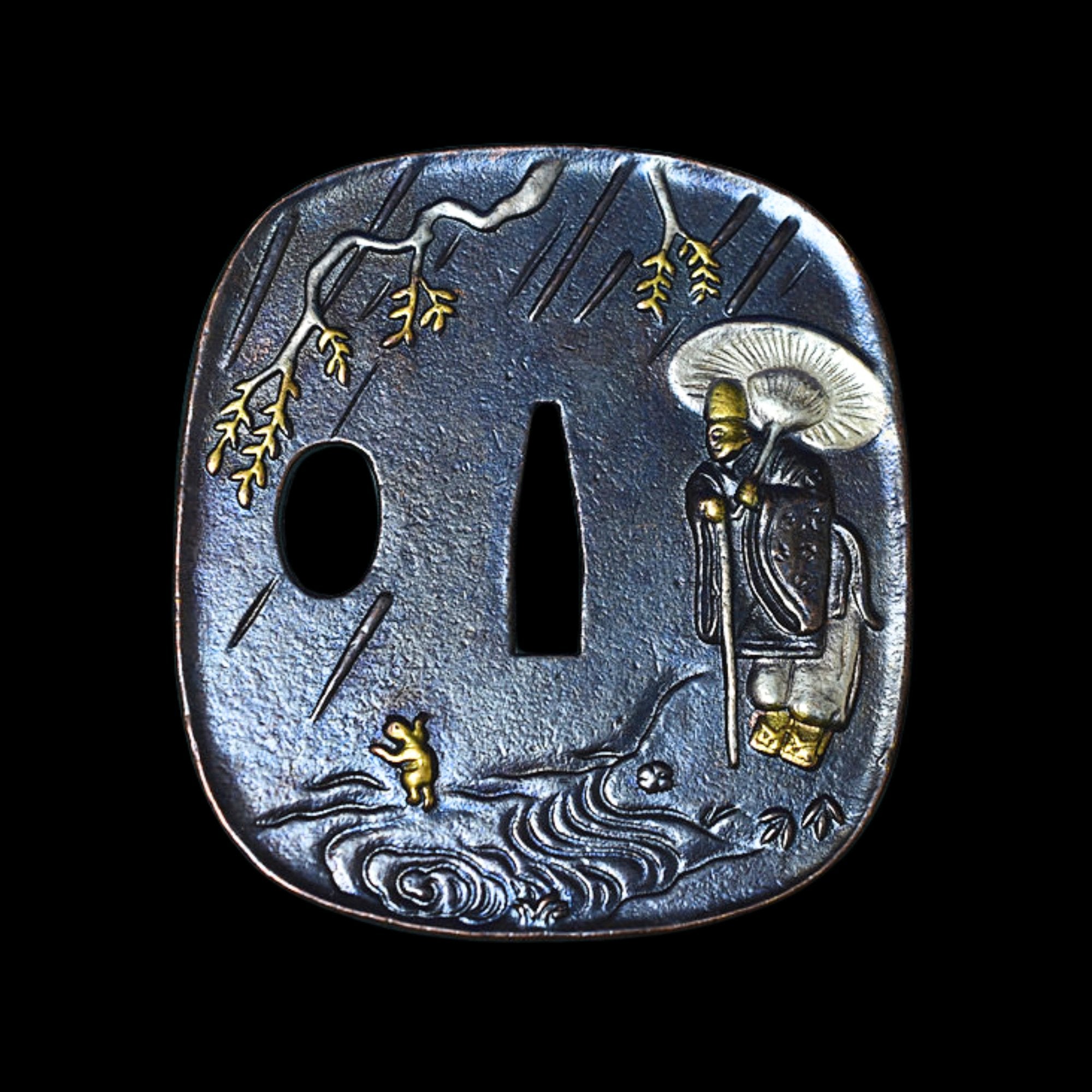 Brass Tsuba with Nobleman in the Rain | KatanaSwordArt Tsuba For Sale 2025