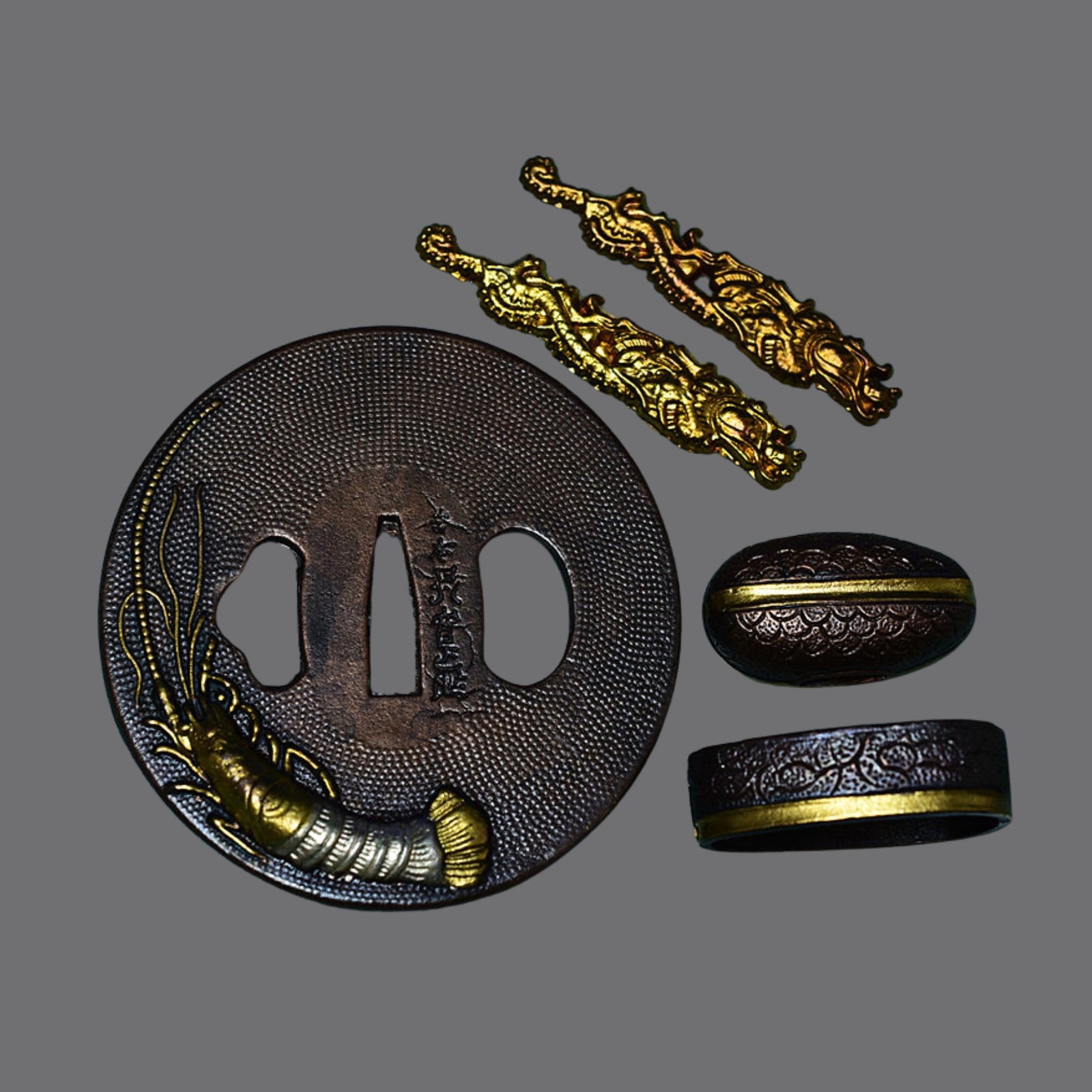 Australia Brass Tsuba with Shrimp Design | Hand-forged Tsuba for Sale