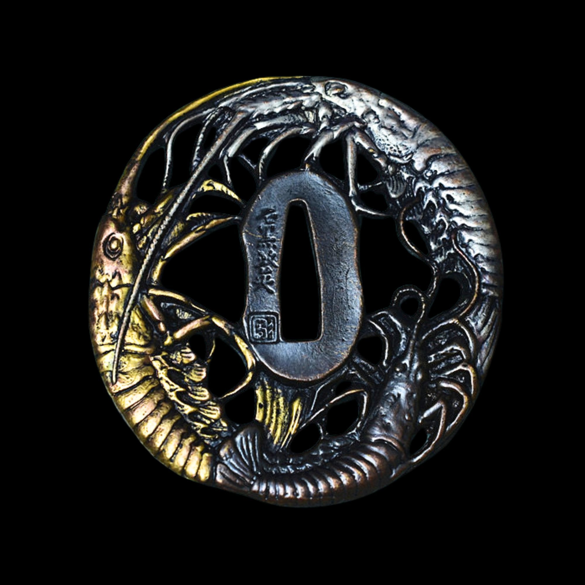 Australia Brass Tsuba with Three Shrimp Design | Hand-forged Tsuba Sale