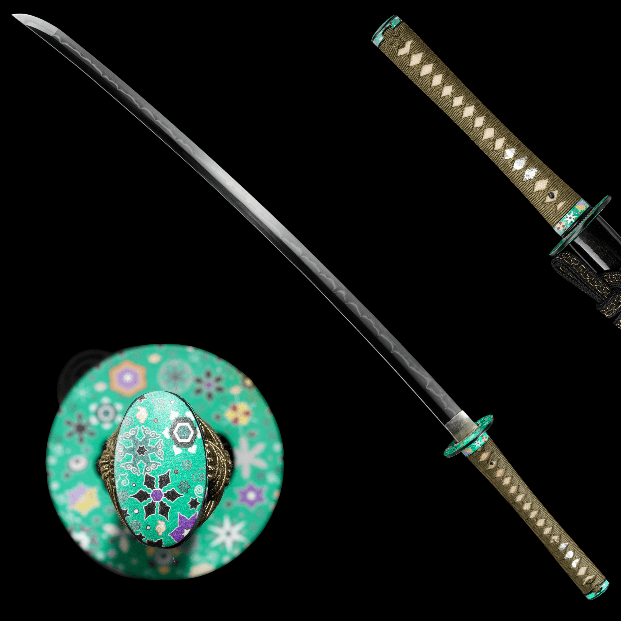 Collectable Katana Green Blossom Sanmai Blade Clay Tempered Black Lacquer Saya 緑華 | KatanaSwordArt Katana For Sale 2025
