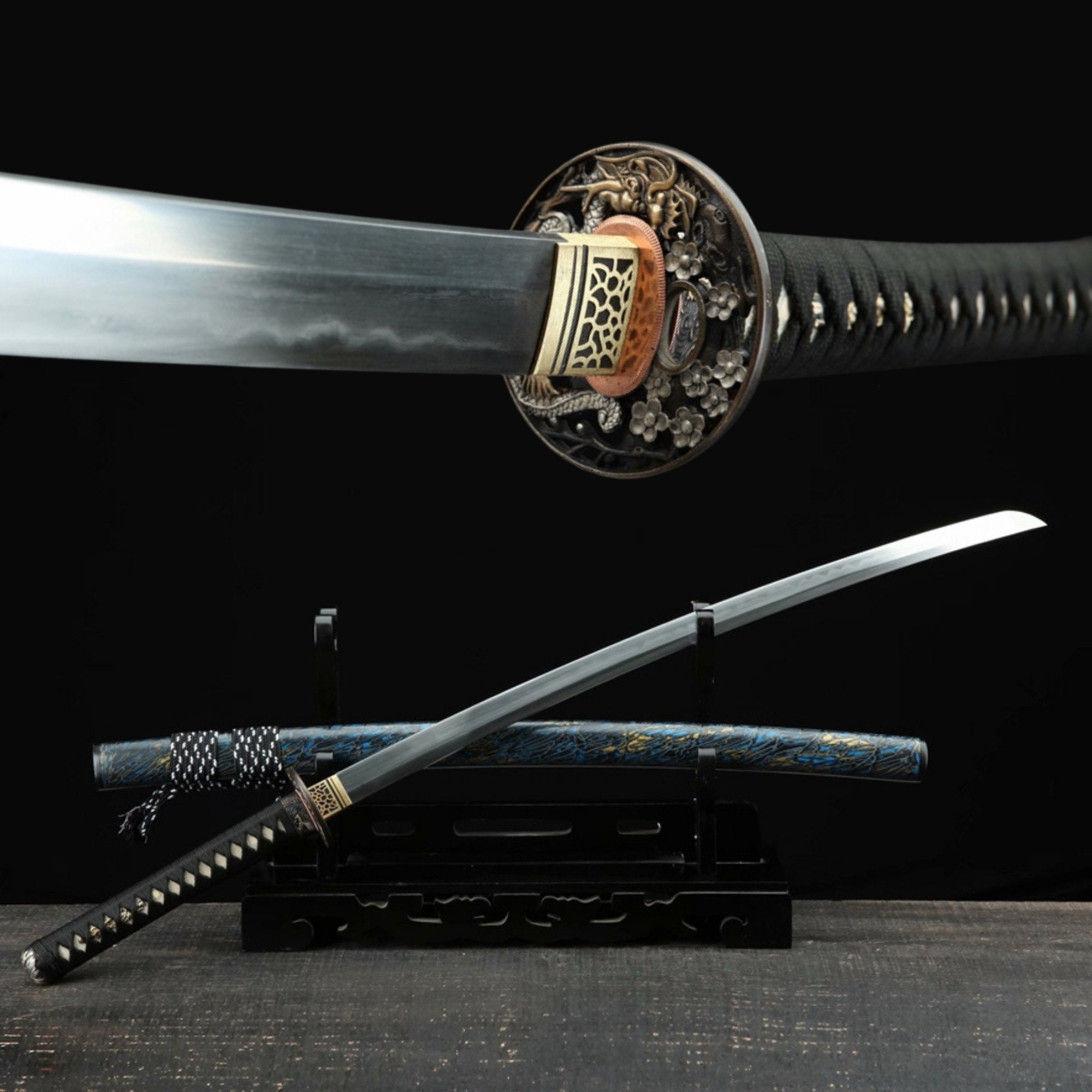 Katana Azure Dragon Blue Flame Damascus Steel Clay Tempered 藍龍 | KatanaSwordArt Katana For Sale 2025