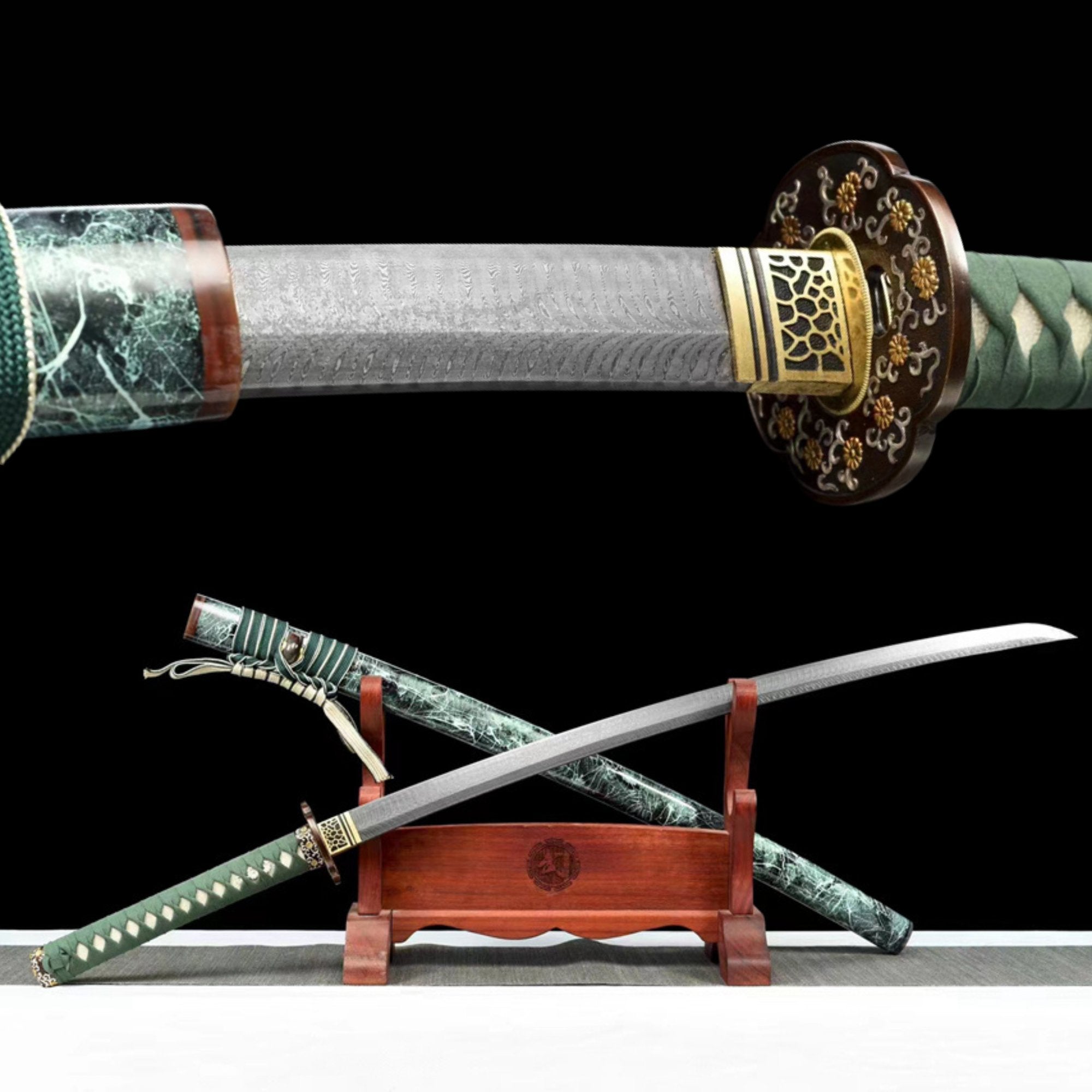 Katana Qingkui Damascus Folded Green Saya 青葵 | KatanaSwordArt Katana For Sale 2025