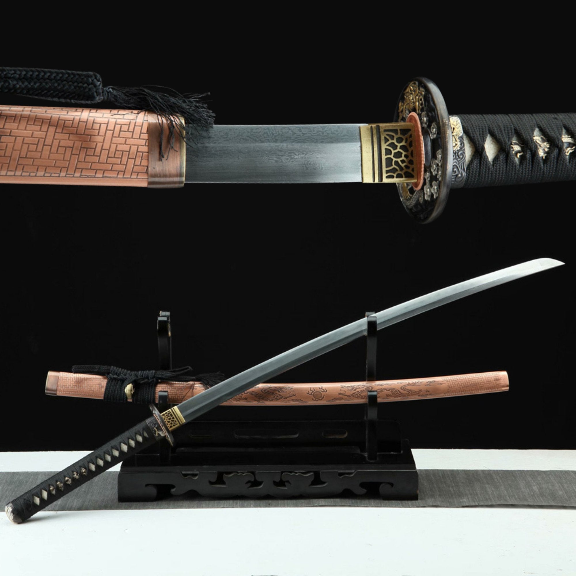 Katana Zhuzi Dragons Damascus Folded Clay Tempered Red Copper Saya 珠紫 | KatanaSwordArt Katana For Sale 2025