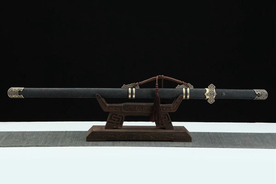 Tang Dao HuiWen Damascus Folded Clay Tempered Black Ray Skin Scabbard 回紋 | KatanaSwordArt Dao For Sale