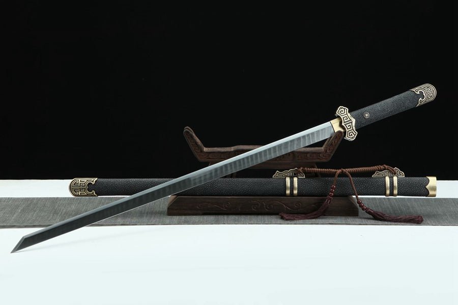 Tang Dao HuiWen Damascus Folded Clay Tempered Black Ray Skin Scabbard 回紋 | KatanaSwordArt Dao For Sale