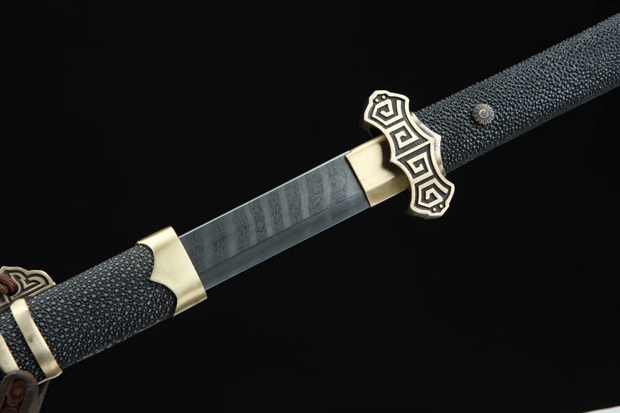 Tang Dao HuiWen Damascus Folded Clay Tempered Black Ray Skin Scabbard 回紋 | KatanaSwordArt Dao For Sale