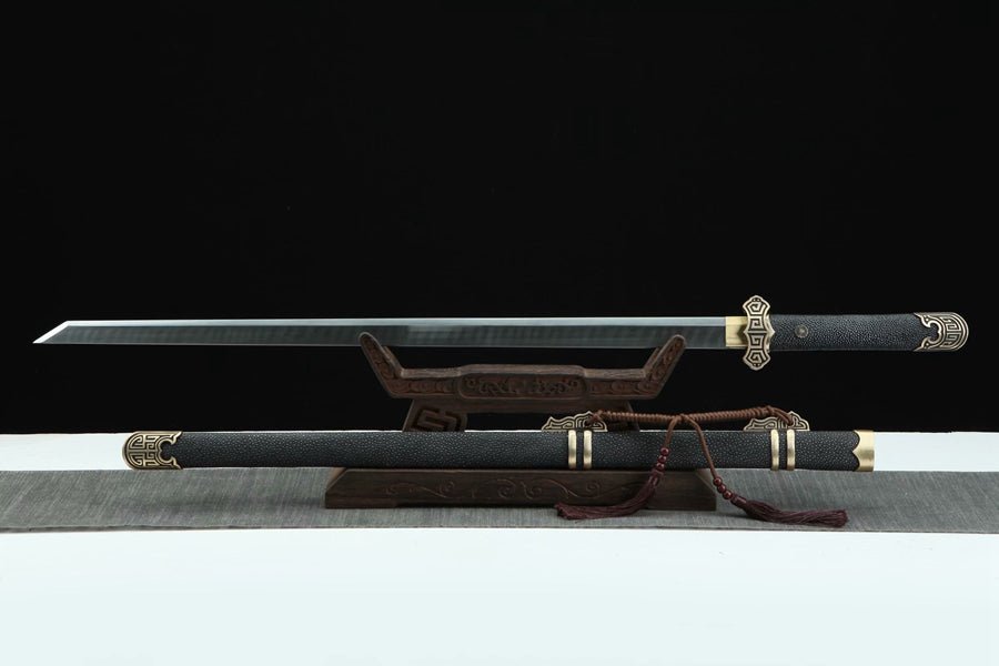 Tang Dao HuiWen Damascus Folded Clay Tempered Black Ray Skin Scabbard 回紋 | KatanaSwordArt Dao For Sale