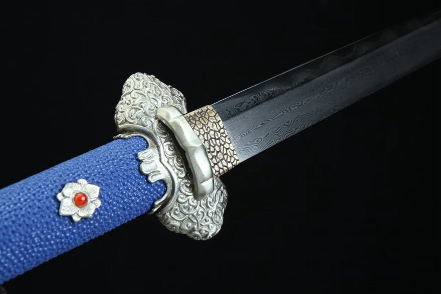 Tang Dao Kowloon Damascus Folded Clay Tempered Blue Ray Skin Scabbard 九龍 | KatanaSwordArt Dao For Sale