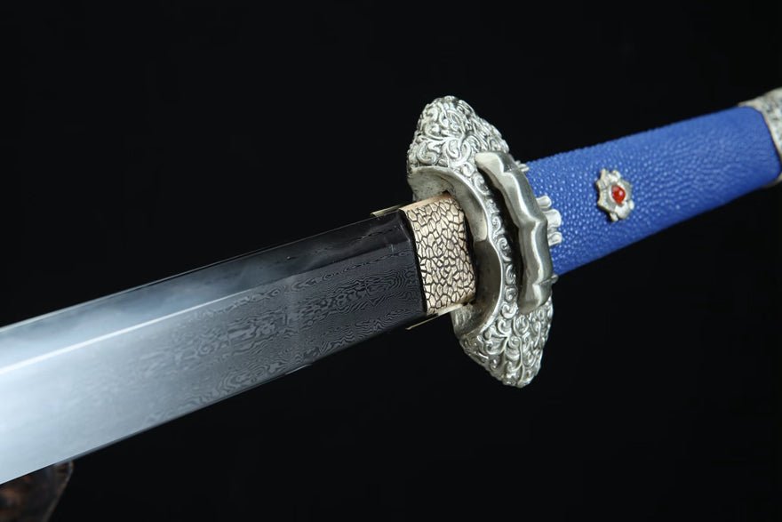 Tang Dao Kowloon Damascus Folded Clay Tempered Blue Ray Skin Scabbard 九龍 | KatanaSwordArt Dao For Sale