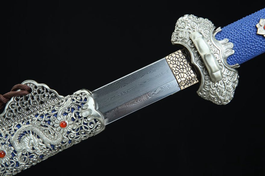 Tang Dao Kowloon Damascus Folded Clay Tempered Blue Ray Skin Scabbard 九龍 | KatanaSwordArt Dao For Sale