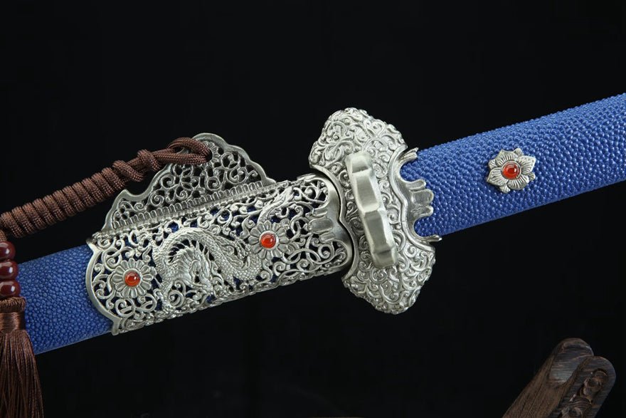 Tang Dao Kowloon Damascus Folded Clay Tempered Blue Ray Skin Scabbard 九龍 | KatanaSwordArt Dao For Sale