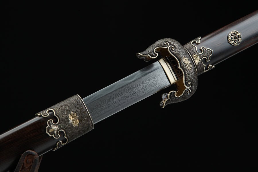 Tang Dao Lotus Damascus Folded Clay Tempered Ebony Wood Scabbard 蓮花 | KatanaSwordArt Dao For Sale