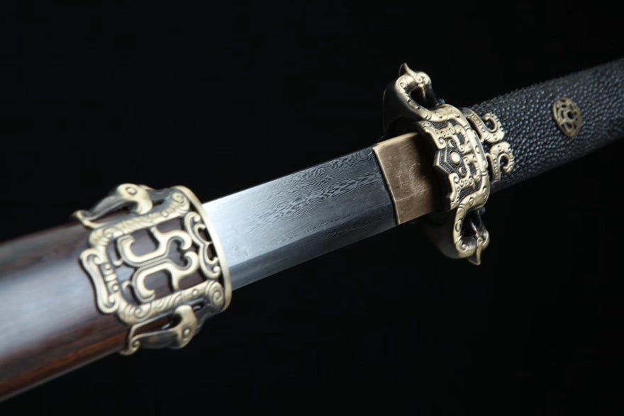 Tang Dao Panlong Damascus Folded Clay Tempered Ebony Wood Scabbard 蟠龍 | KatanaSwordArt Dao For Sale