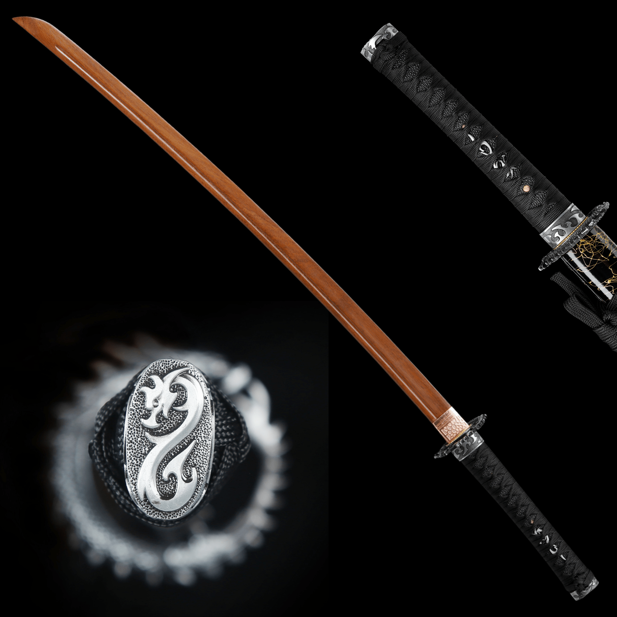 Wooden Katana Dragon Shadow Gold Streaked Gloss Black Saya 龍影 | KatanaSwordArt Wooden Katana For Sale 2025