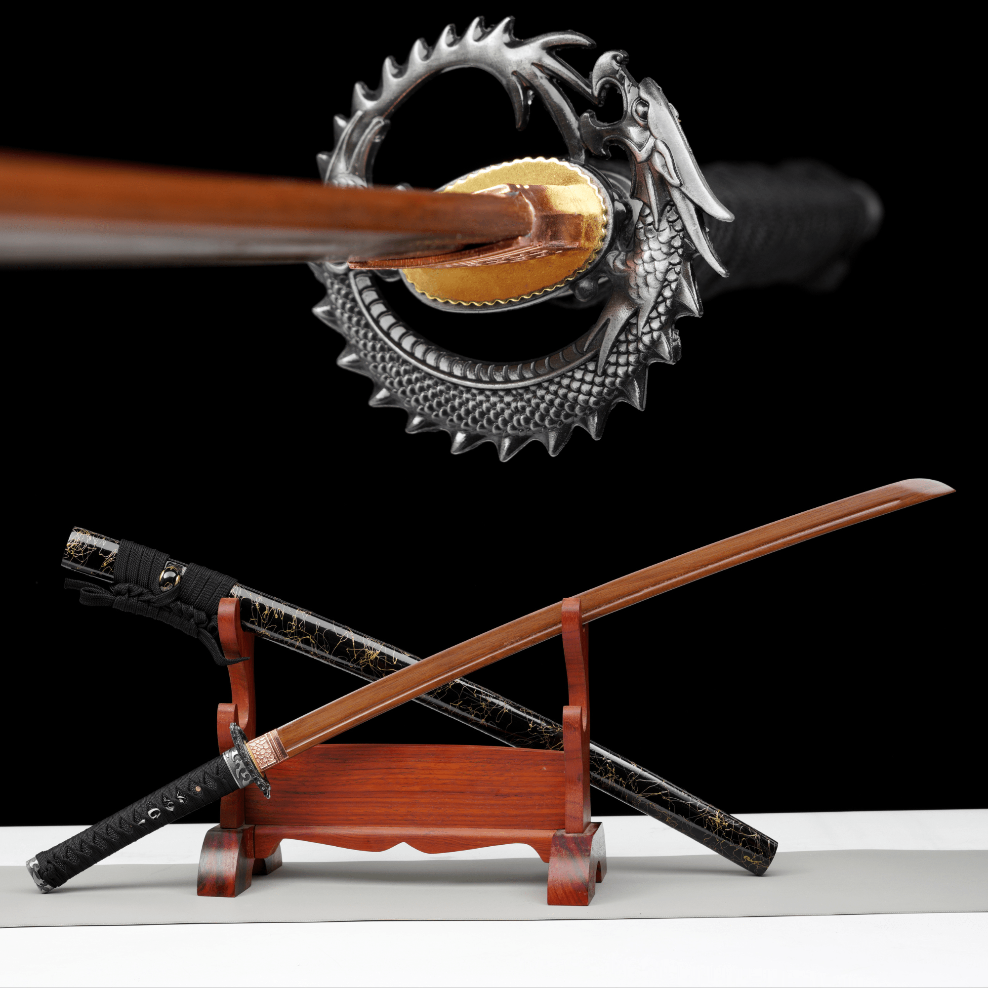 Wooden Katana Dragon Shadow Gold Streaked Gloss Black Saya 龍影 | KatanaSwordArt Wooden Katana For Sale 2025