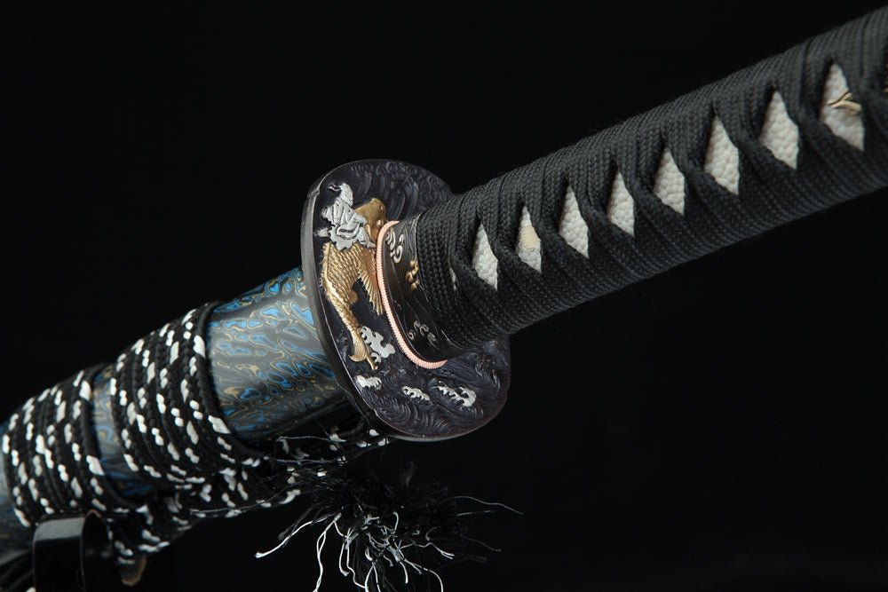 Katana Fish Splash Blue Flame Damascus Steel Clay Tempered 藍龍門 | KatanaSwordArt Katana For Sale 2025