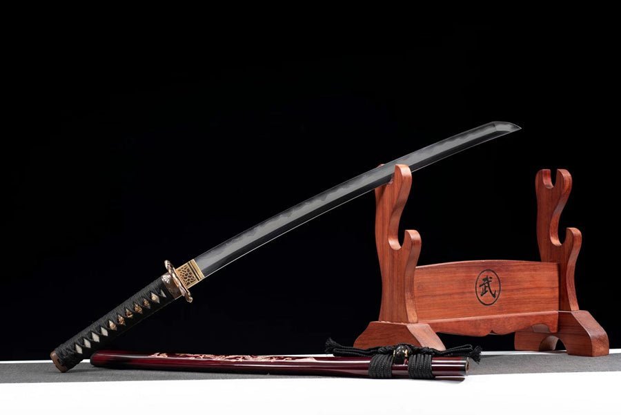 Wakizashi Sword Four Seas Honsanmai Steel Clay Tempered Red Saya 四海 | KatanaSwordArt Wakizashi For Sale