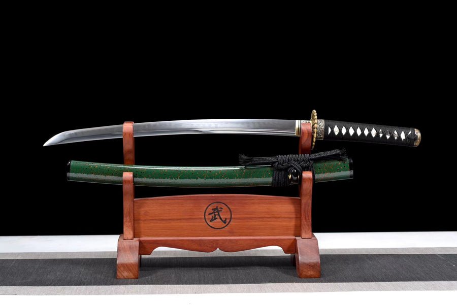 Wakizashi Sword Qinglin T10 Clay Tempered Green Saya 青鱗 | KatanaSwordArt Wakizashi For Sale